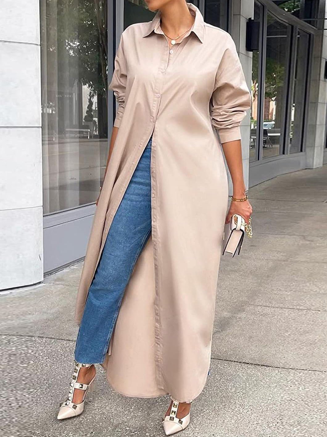 Heidi-Mode | Damen Kleider Einfarbig Langarm Schlitz Hemdkleid