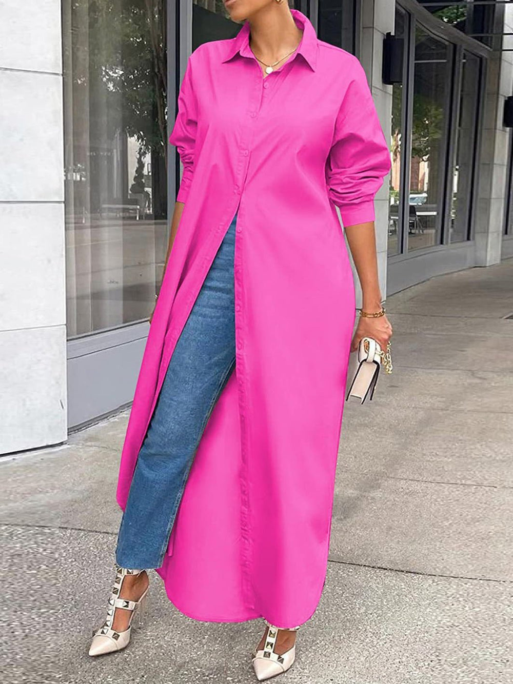 Heidi-Mode | Damen Kleider Einfarbig Langarm Schlitz Hemdkleid