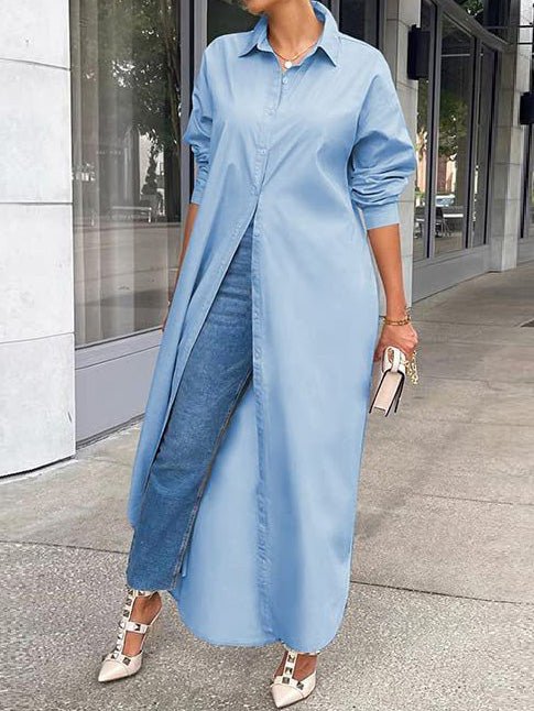 Heidi-Mode | Damen Kleider Einfarbig Langarm Schlitz Hemdkleid