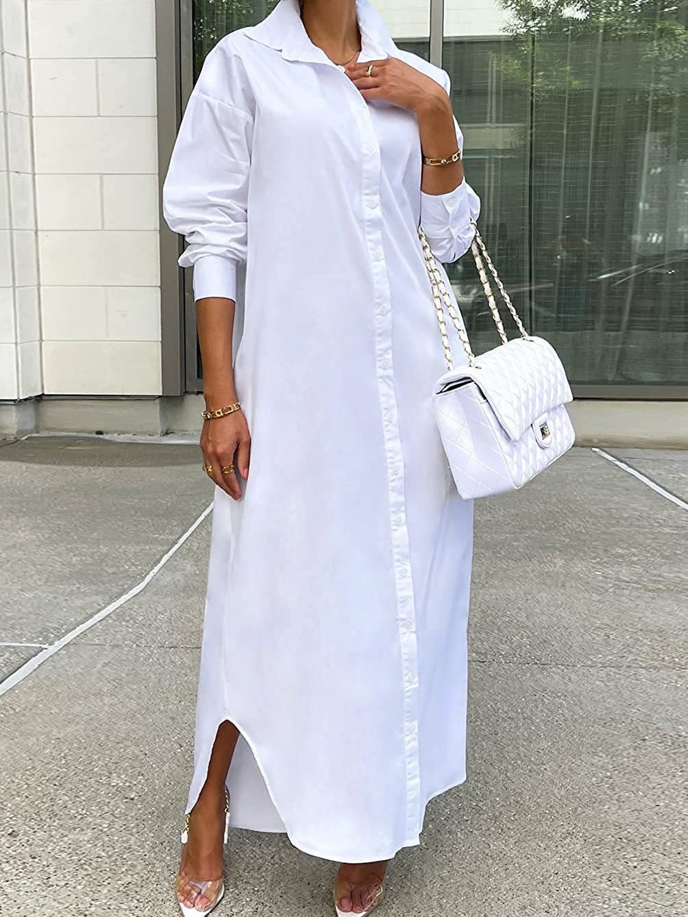 Heidi-Mode | Damen Kleider Einfarbig Langarm Schlitz Hemdkleid