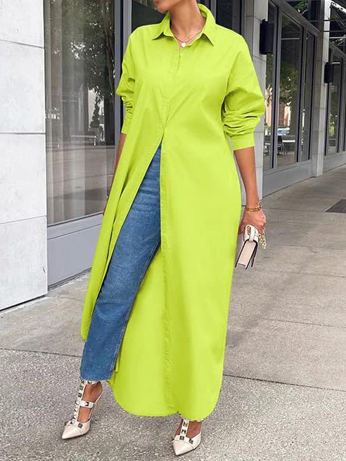 Heidi-Mode | Damen Kleider Einfarbig Langarm Schlitz Hemdkleid