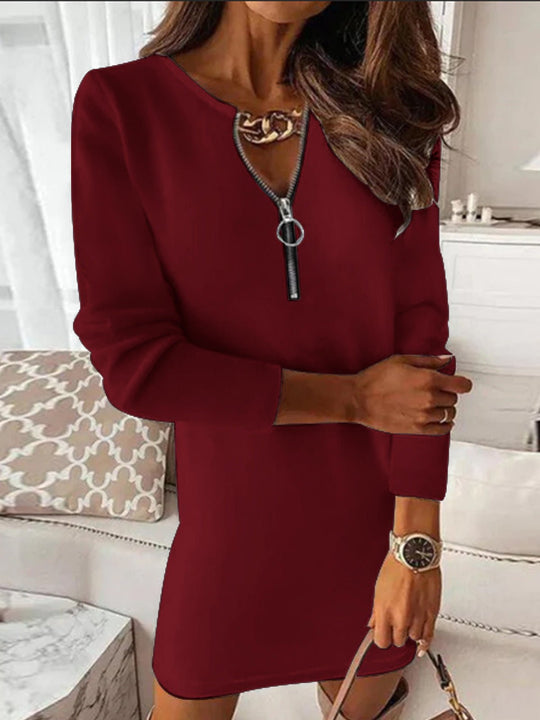 Heidi-Mode | Damenkleider Solid V-Ausschnitt Zip Langarm Kleid
