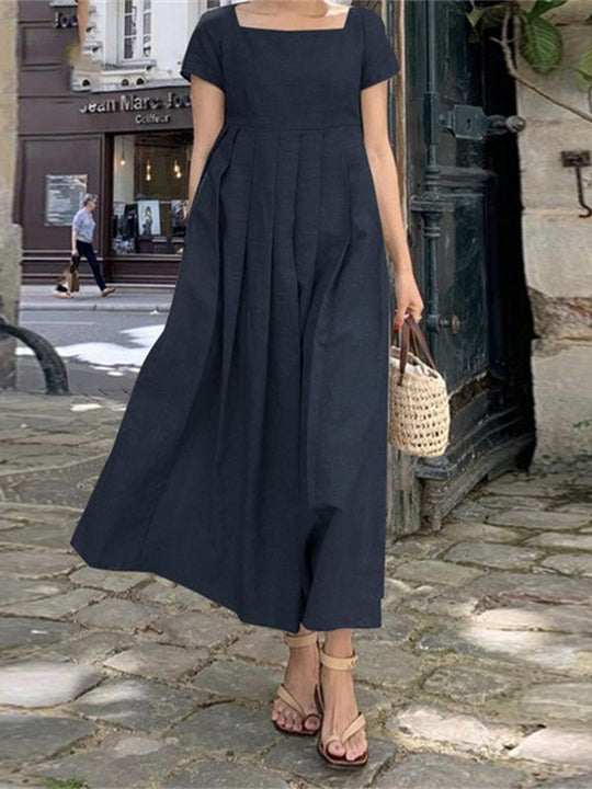 Heidi-Mode | Damen Kleider Quadrat-Ausschnitt Plissee Kurzarm Kleid