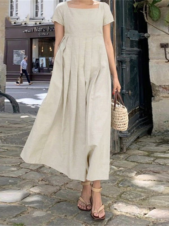 Heidi-Mode | Damen Kleider Quadrat-Ausschnitt Plissee Kurzarm Kleid