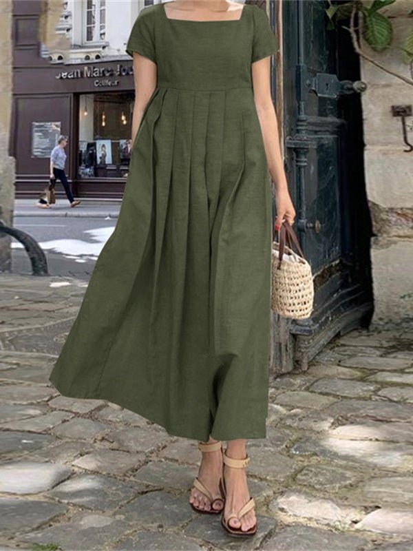 Heidi-Mode | Damen Kleider Quadrat-Ausschnitt Plissee Kurzarm Kleid