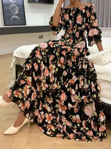 Heidi-Mode | Damen Kleider Off Shoulder Elastischer Bund Overlay Maxi Kleid