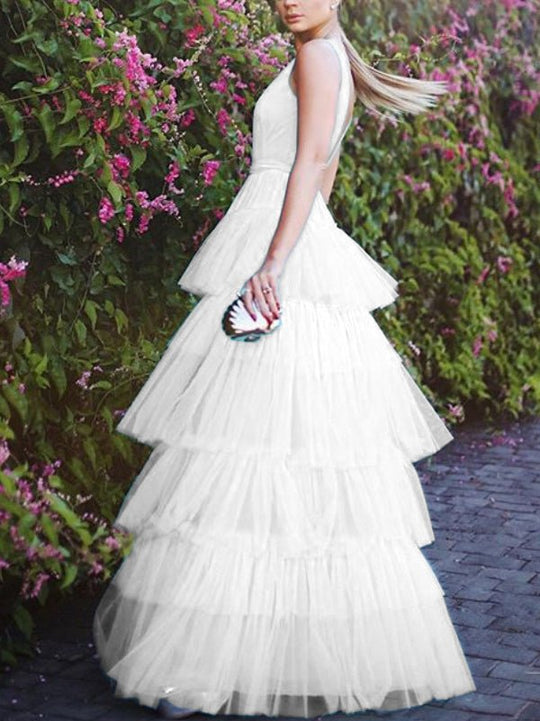 Heidi-Mode | Damenkleider V-Ausschnitt Mesh Ärmellos Torte Kleid