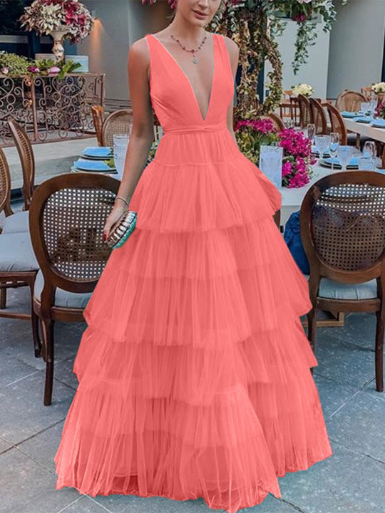 Heidi-Mode | Damenkleider V-Ausschnitt Mesh Ärmellos Torte Kleid