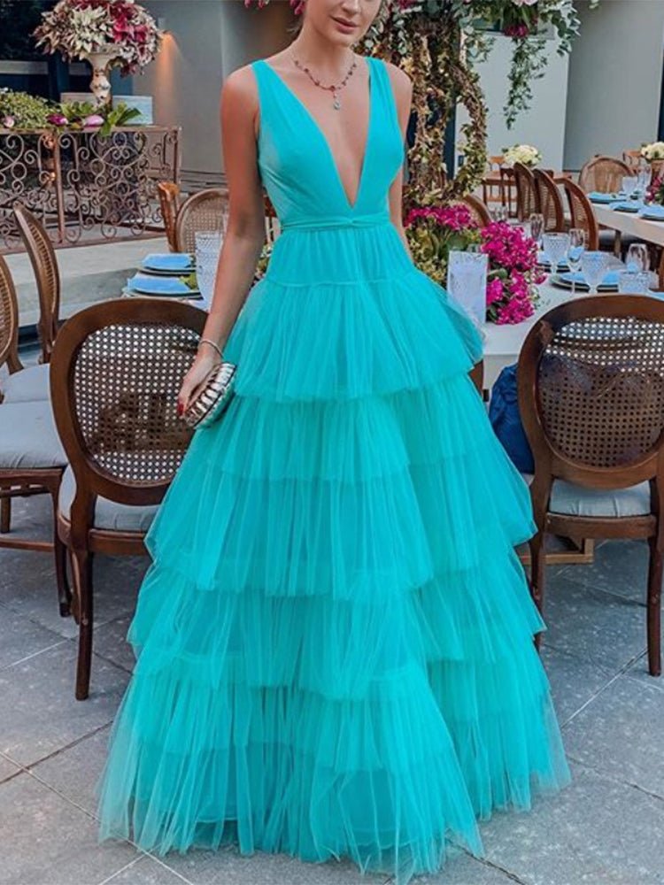 Heidi-Mode | Damenkleider V-Ausschnitt Mesh Ärmellos Torte Kleid