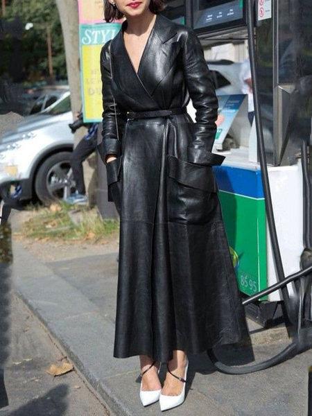 Heidi-Mode | Frauen Kleider V-Ausschnitt Tasche Gürtel Lange Ärmel Lederkleid