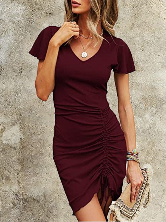 Heidi-Mode | Damen Kleider V-Ausschnitt Kurzarm Schnürung Mini Kleid
