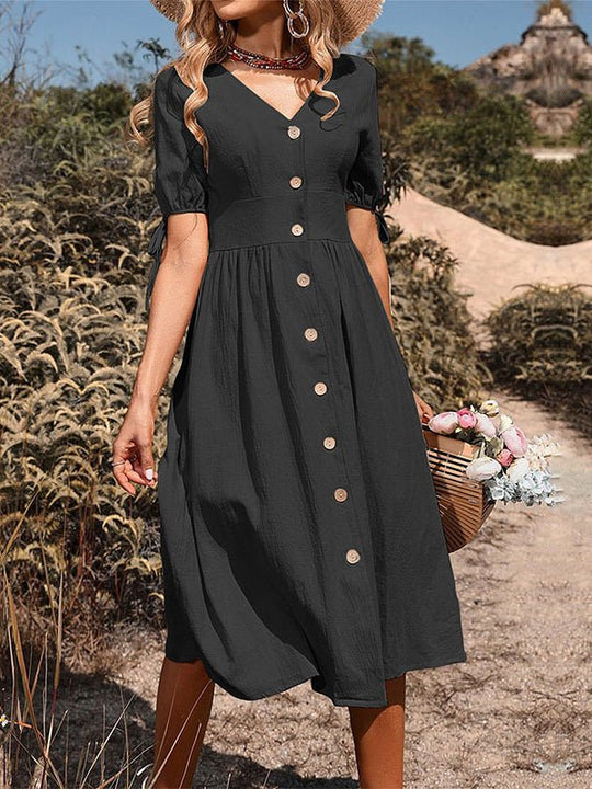 Heidi-Mode | Damen Kleider V-Ausschnitt Einfarbig Baumwolle Leinen Midi Kleid