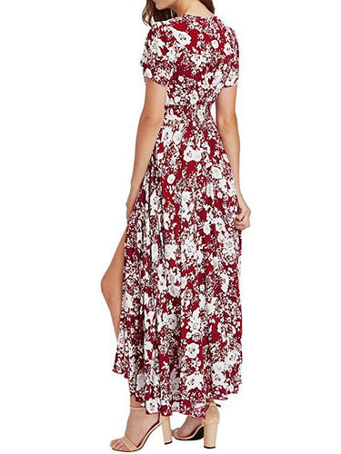 Heidi-Mode | Damen Kleider Jahrgang Ethno Muster V-Ausschnitt Lockeres Maxi Kleid