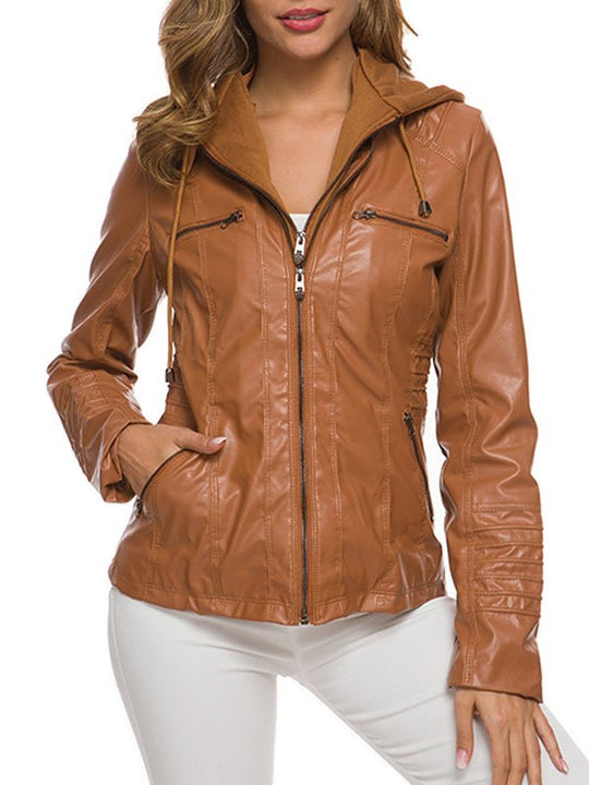 Heidi-Mode | Damenjacken Abnehmbare Kapuze Pu Lederjacke