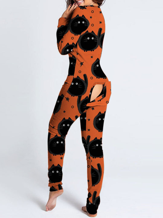 Heidi-Mode | Damen Playsuits Bedruckt Langärmliger Loungewear Jumpsuit