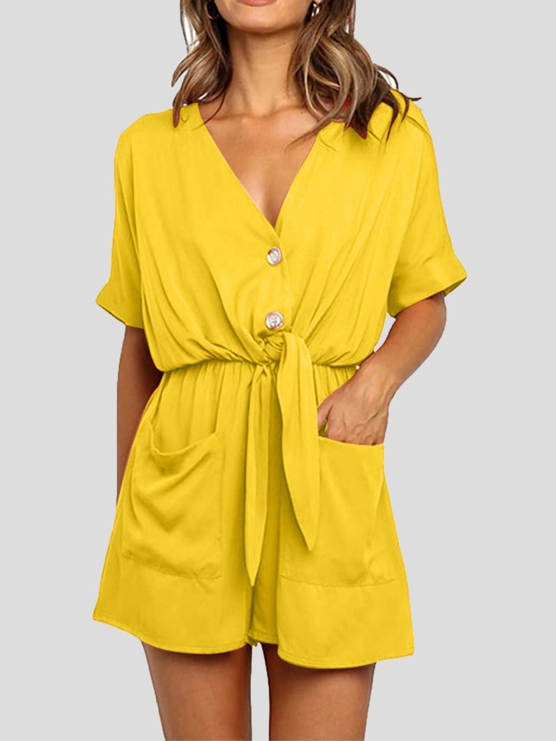 Heidi-Mode | Frauen Jumpsuits V-Ausschnitt Knopf Kurze Ärmel Tasche Gürtel Jumpsuit