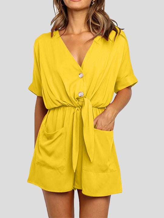 Heidi-Mode | Frauen Jumpsuits V-Ausschnitt Knopf Kurze Ärmel Tasche Gürtel Jumpsuit