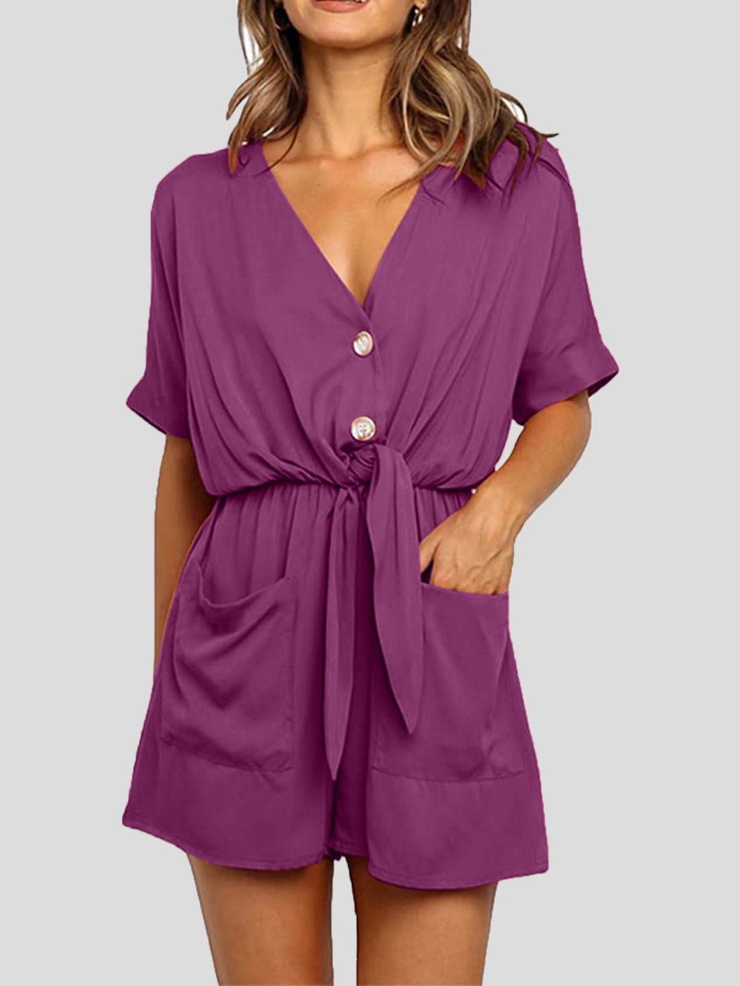 Heidi-Mode | Frauen Jumpsuits V-Ausschnitt Knopf Kurze Ärmel Tasche Gürtel Jumpsuit