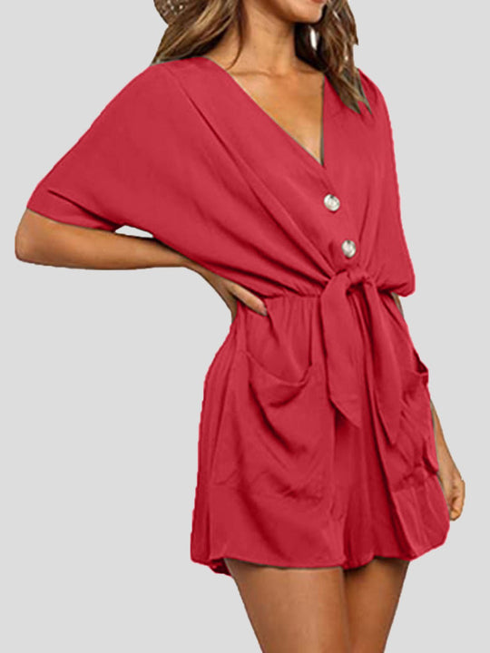 Heidi-Mode | Frauen Jumpsuits V-Ausschnitt Knopf Kurze Ärmel Tasche Gürtel Jumpsuit