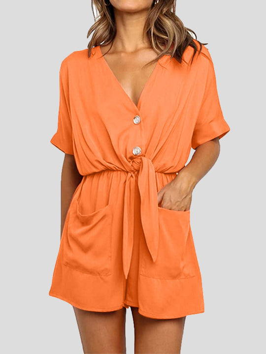Heidi-Mode | Frauen Jumpsuits V-Ausschnitt Knopf Kurze Ärmel Tasche Gürtel Jumpsuit