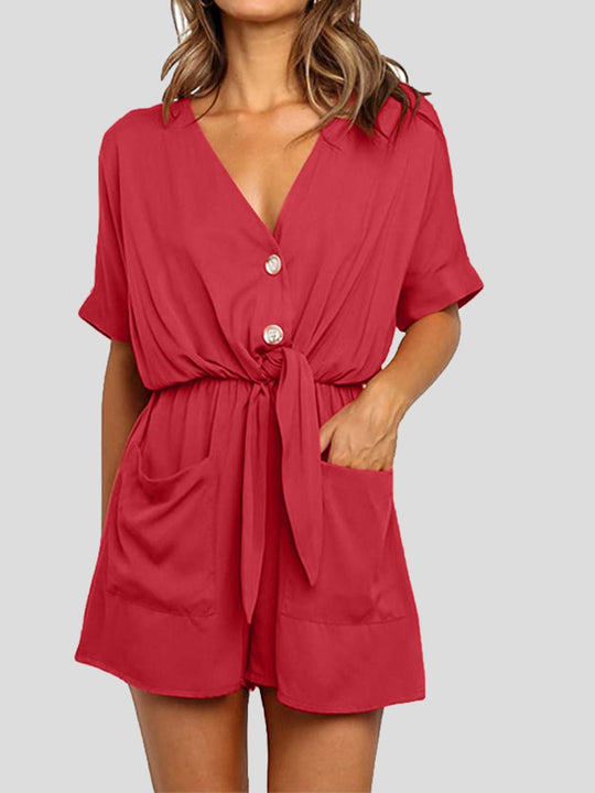 Heidi-Mode | Frauen Jumpsuits V-Ausschnitt Knopf Kurze Ärmel Tasche Gürtel Jumpsuit