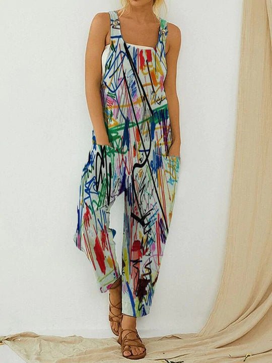 Heidi-Mode | Frauen Jumpsuits Vintage Abstract Print Ohne Ärmel Tasche Jumpsuit