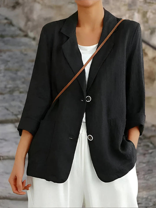 Heidi-Mode | Blazer Relaxed Fit Naturfasern 3/4 Ärmel Patch Taschen Mittellang