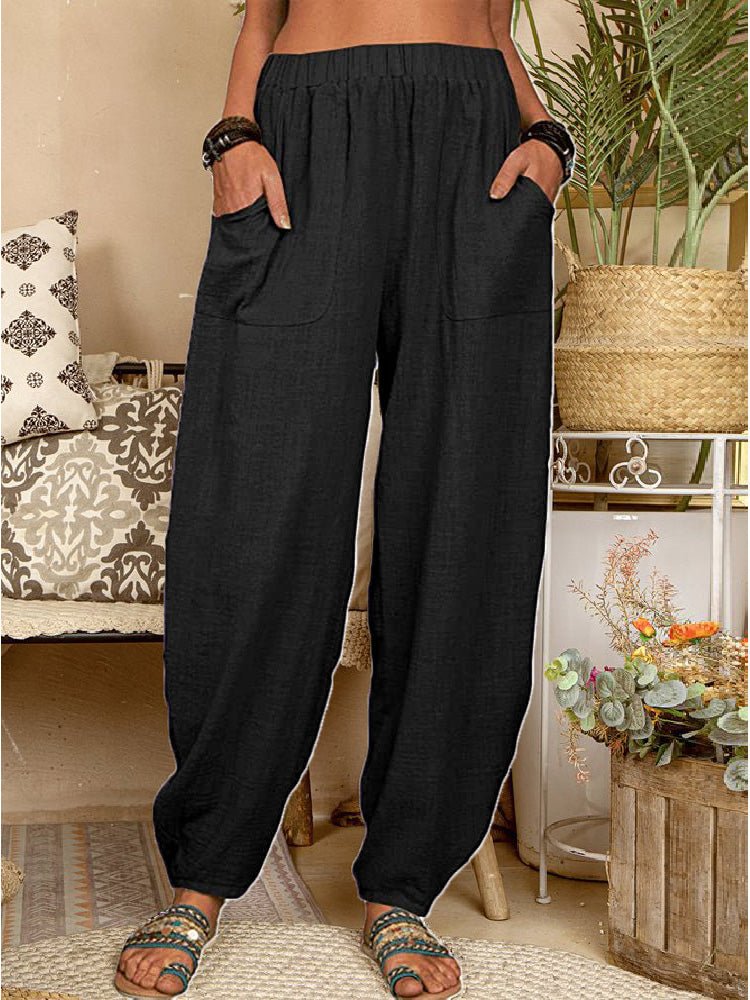 Heidi-Mode | Frauen Hosen Locker Einfarbig Elastischer Bund Tasche Harem Hosen