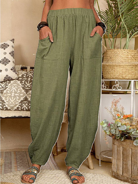 Heidi-Mode | Frauen Hosen Locker Einfarbig Elastischer Bund Tasche Harem Hosen