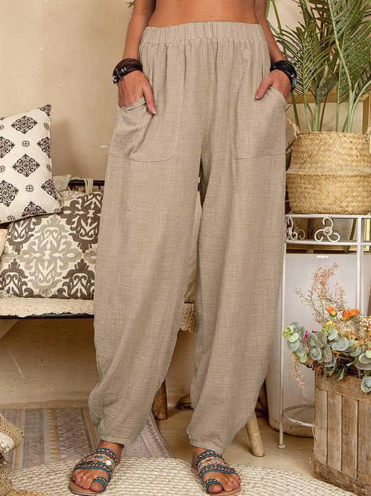 Heidi-Mode | Frauen Hosen Locker Einfarbig Elastischer Bund Tasche Harem Hosen
