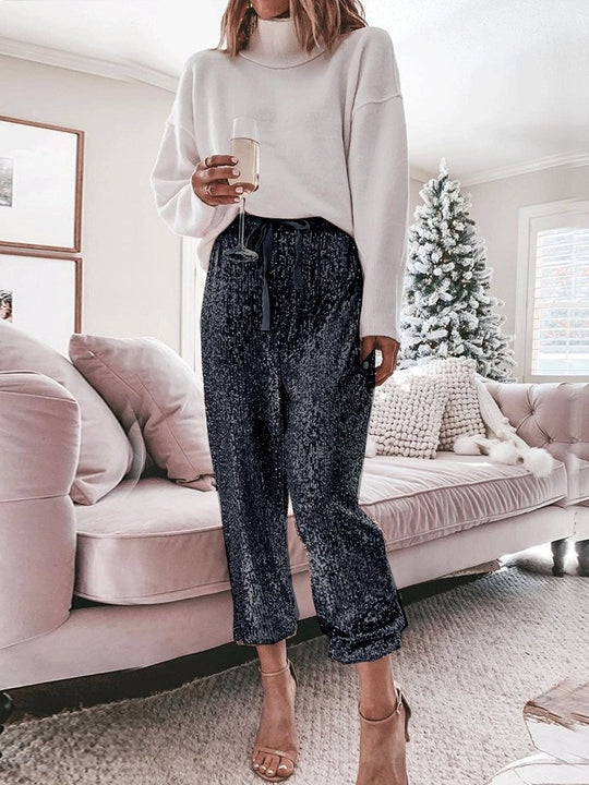 Heidi-Mode | Frauen Hosen, Pailletten, Kordelzug, Hohe Taille, Leggings, Stoffhosen