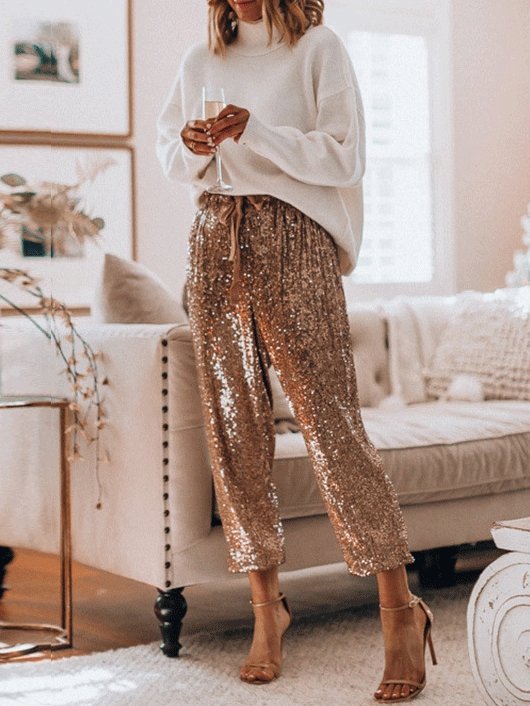 Heidi-Mode | Frauen Hosen, Pailletten, Kordelzug, Hohe Taille, Leggings, Stoffhosen