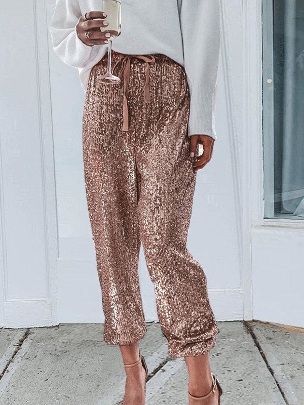 Heidi-Mode | Frauen Hosen, Pailletten, Kordelzug, Hohe Taille, Leggings, Stoffhosen