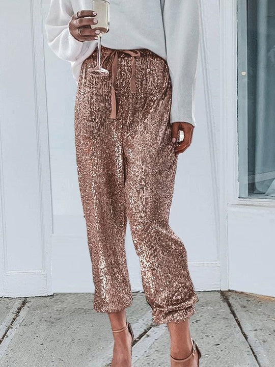 Heidi-Mode | Frauen Hosen, Pailletten, Kordelzug, Hohe Taille, Leggings, Stoffhosen