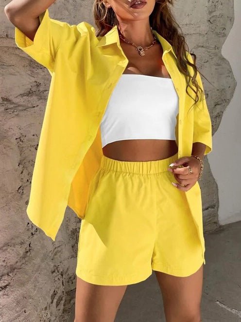 Heidi-Mode | Frauen Set Einfarbig Fallende Schulter Bluse & Shorts Zum Zweiteiliges Set