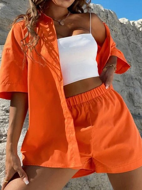 Heidi-Mode | Frauen Set Einfarbig Fallende Schulter Bluse & Shorts Zum Zweiteiliges Set