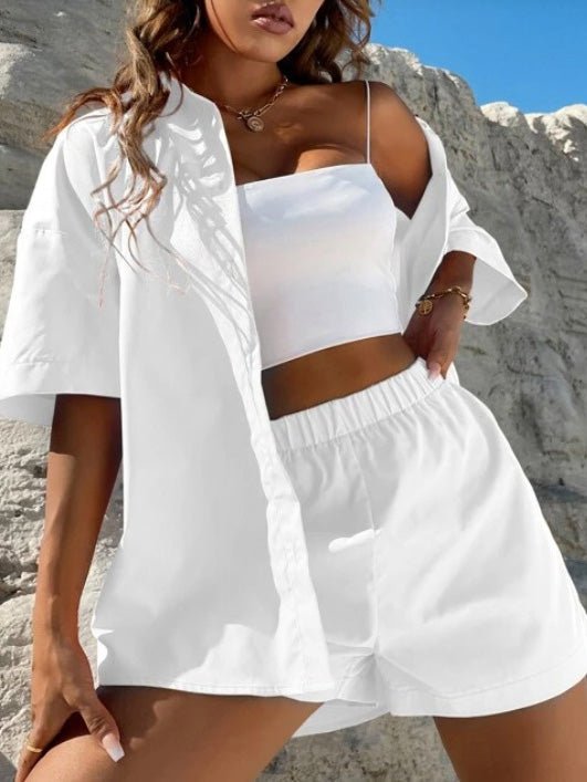 Heidi-Mode | Frauen Set Einfarbig Fallende Schulter Bluse & Shorts Zum Zweiteiliges Set
