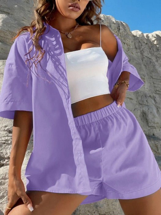 Heidi-Mode | Frauen Set Einfarbig Fallende Schulter Bluse & Shorts Zum Zweiteiliges Set