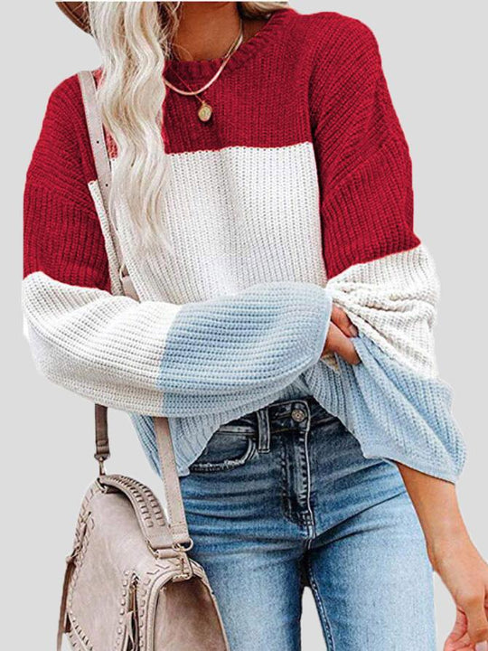 Heidi-Mode | Damen Gestrickter Farbblock-Pullover Im Lockeren Schnitt