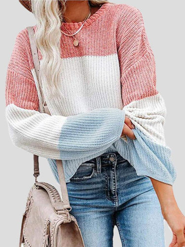 Heidi-Mode | Damen Gestrickter Farbblock-Pullover Im Lockeren Schnitt