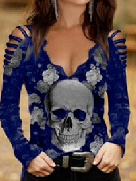 Heidi-Mode | Damen T-Shirts Totenkopf Druck V-Ausschnitt Spitze Off the Shoulder T-Shirt