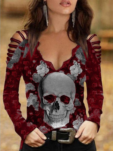 Heidi-Mode | Damen T-Shirts Totenkopf Druck V-Ausschnitt Spitze Off the Shoulder T-Shirt
