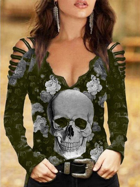 Heidi-Mode | Damen T-Shirts Totenkopf Druck V-Ausschnitt Spitze Off the Shoulder T-Shirt