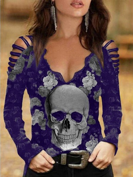 Heidi-Mode | Damen T-Shirts Totenkopf Druck V-Ausschnitt Spitze Off the Shoulder T-Shirt