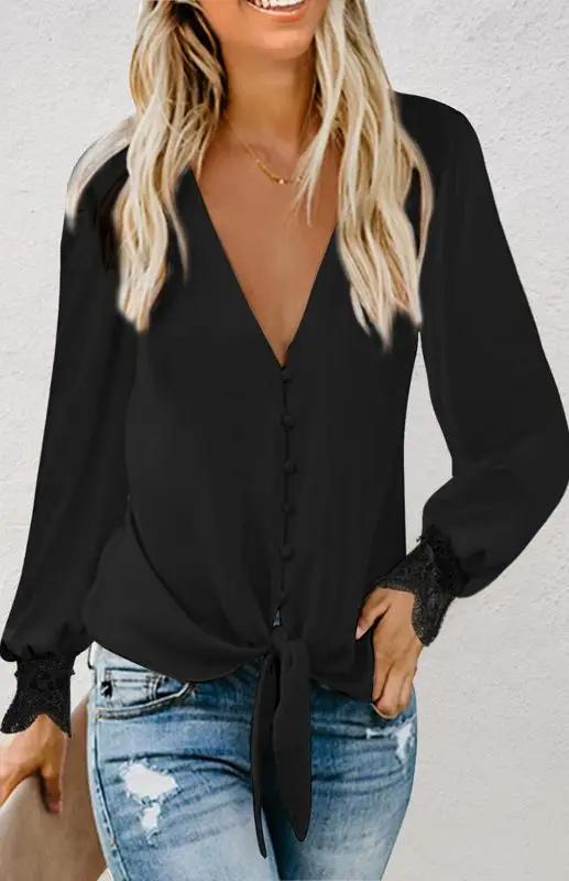 Heidi-Mode | Damen V-Ausschnitt Spitze Patchwork Einfarbig Krawatte Lose Lange Ärmel Chiffon Shirt