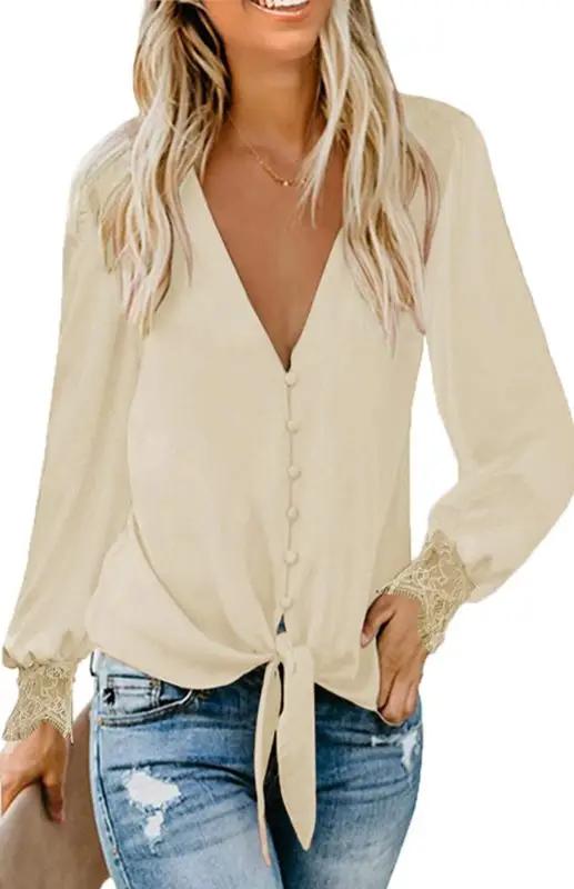Heidi-Mode | Damen V-Ausschnitt Spitze Patchwork Einfarbig Krawatte Lose Lange Ärmel Chiffon Shirt