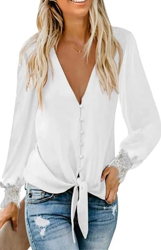 Heidi-Mode | Damen V-Ausschnitt Spitze Patchwork Einfarbig Krawatte Lose Lange Ärmel Chiffon Shirt