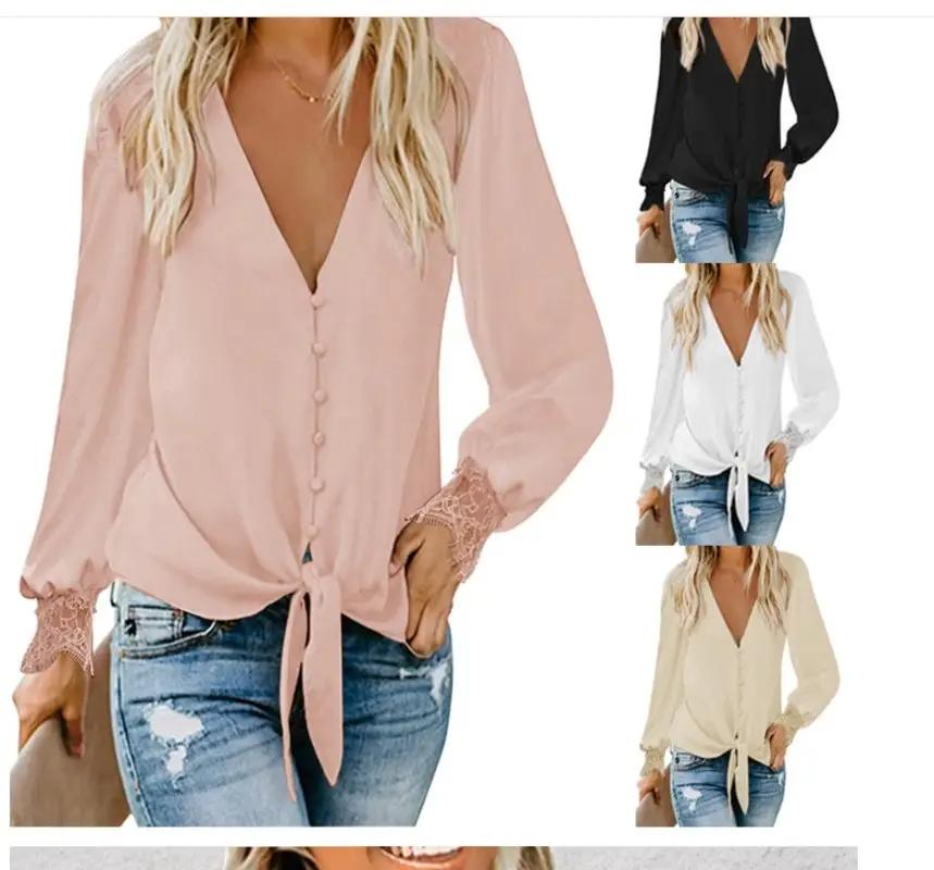 Heidi-Mode | Damen V-Ausschnitt Spitze Patchwork Einfarbig Krawatte Lose Lange Ärmel Chiffon Shirt