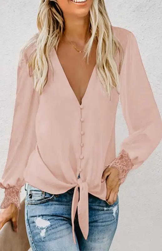 Heidi-Mode | Damen V-Ausschnitt Spitze Patchwork Einfarbig Krawatte Lose Lange Ärmel Chiffon Shirt