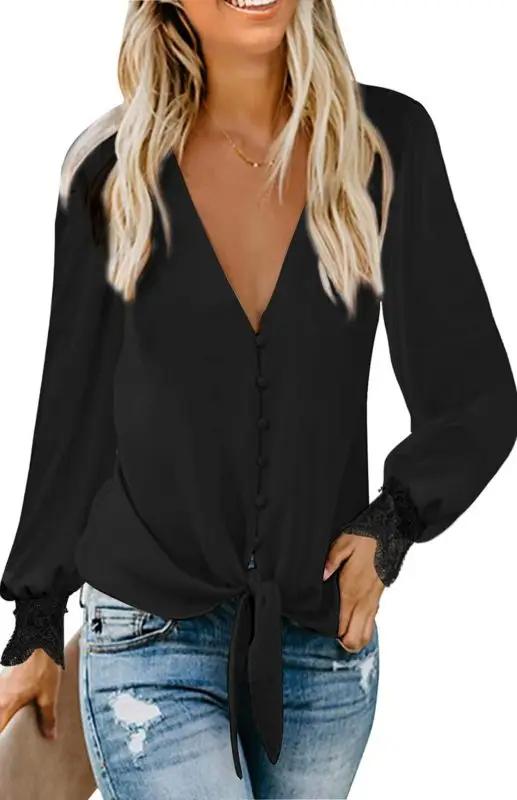 Heidi-Mode | Damen V-Ausschnitt Spitze Patchwork Einfarbig Krawatte Lose Lange Ärmel Chiffon Shirt